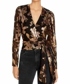 Discount 😍 Ramy Brook Blair 👩 Womens Metallic Sheer Wrap Top 👍