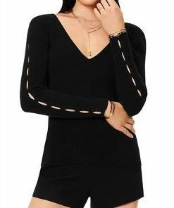 Discount 👏 Ramy Brook Janelle V-Neck Ribbed Sweater in Black for 👩 women ✨